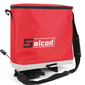 Salcod 25lb seed spreader on lawn with large capacity for fewer refills.