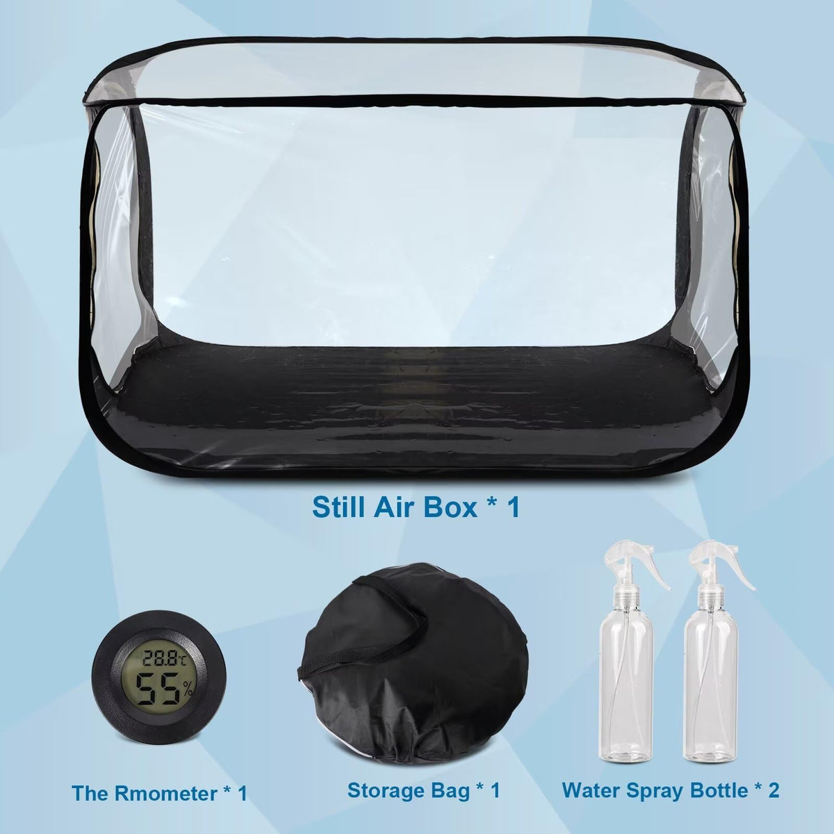 Salcod thermometer and spray bottles included for precise microclimate control.