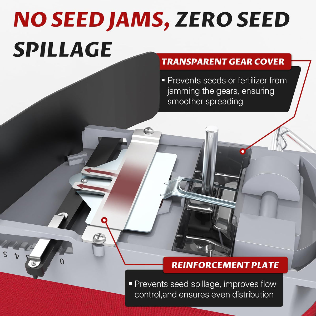 Salcod seed spreader operates smoothly with enclosed gear for less debris.