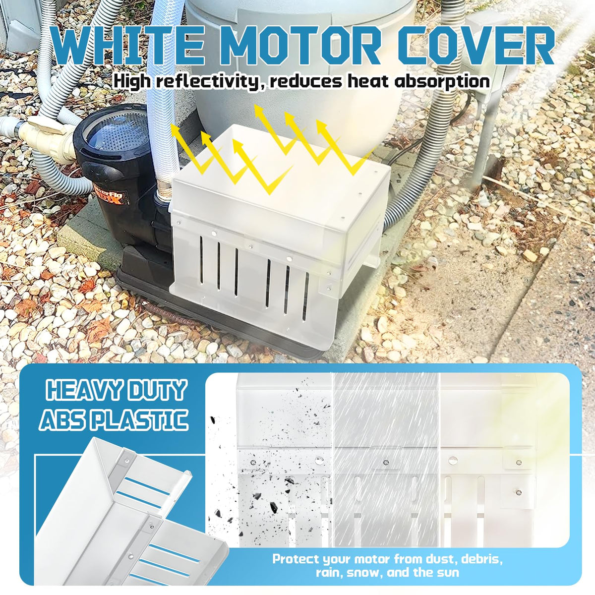 Salcod pool pump cover in white heat reflective ABS reduces heat absorption