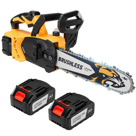 SALEM MASTER 12-Inch electric chainsaw with battery pack offering extended cordless power for outdoor cutting.