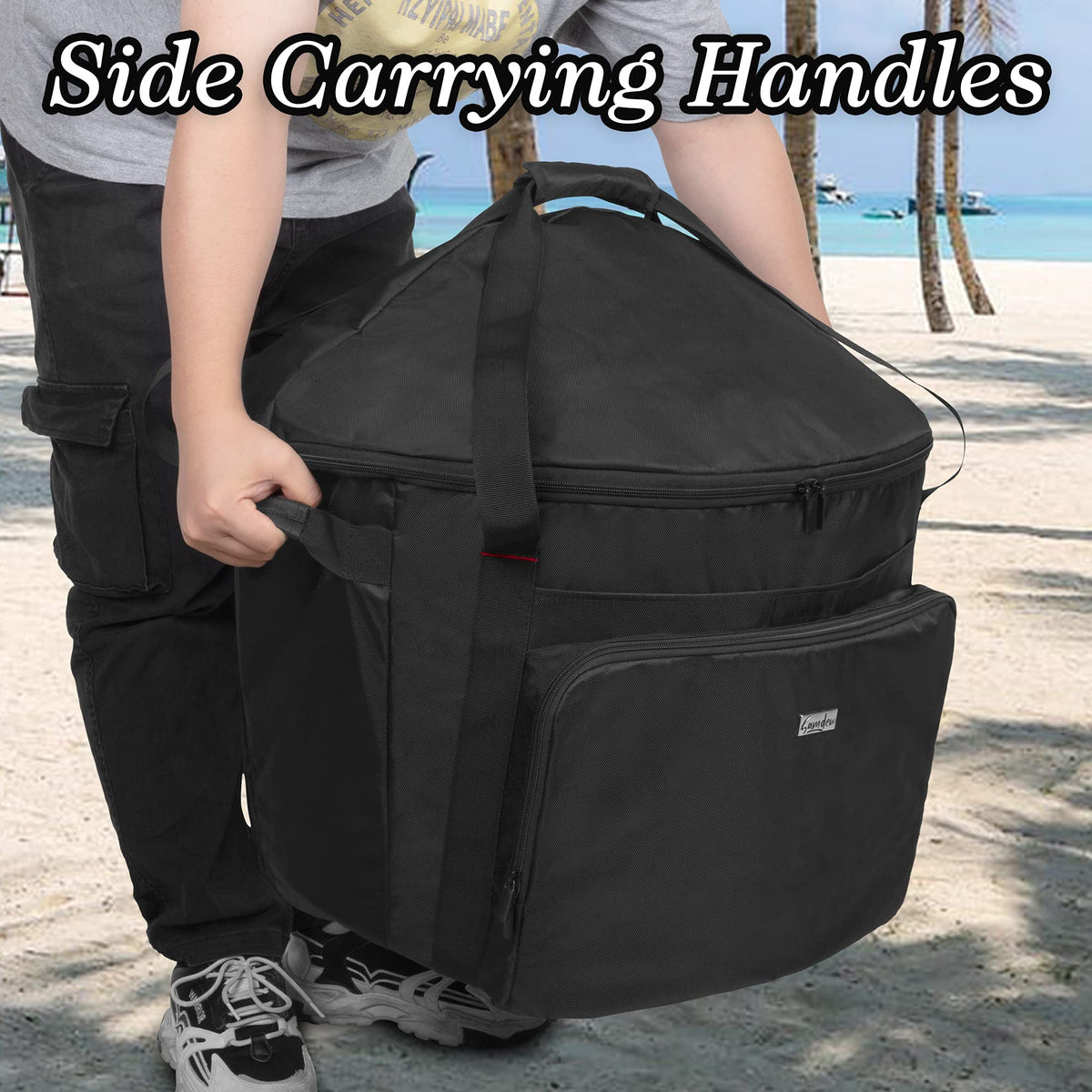 SAMDEW front-pocket storage keeps clips and manuals within easy reach.