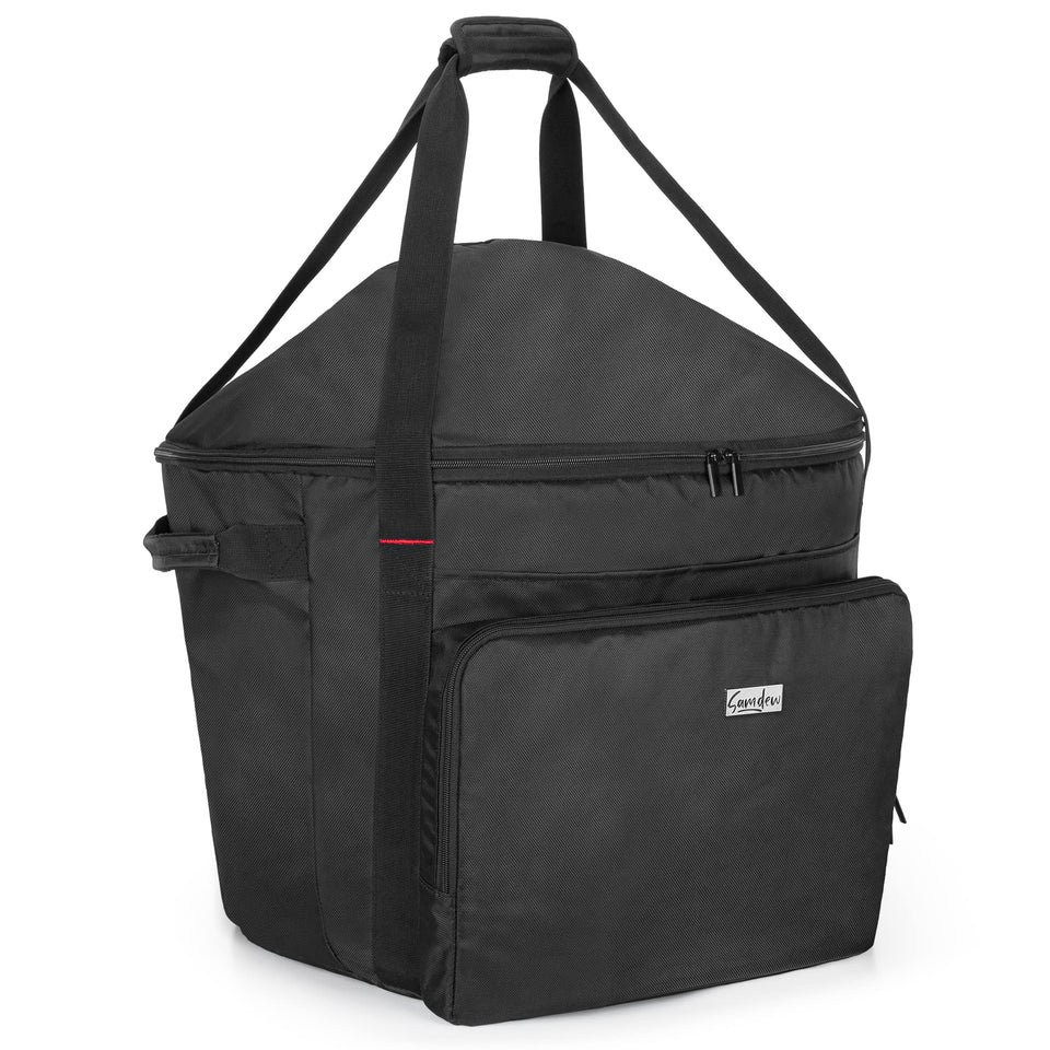 SAMDEW portable grill carry bag front view with tool pocket for quick access.