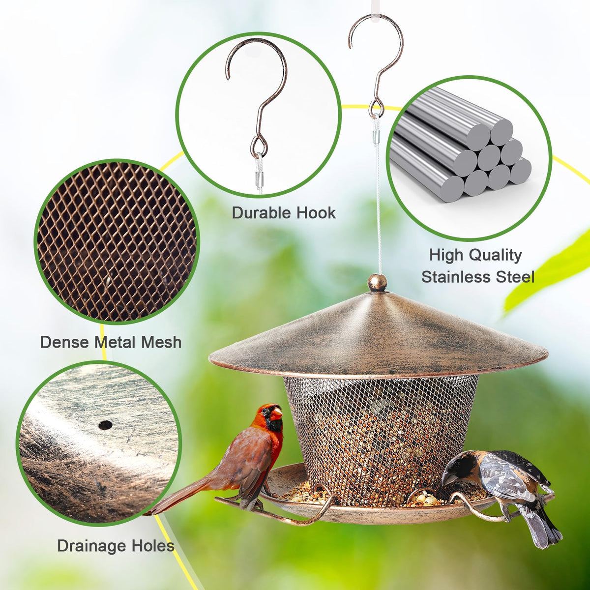 Samhe Bird Feeder with 3 lb capacity minimizes refills and attracts songbirds.