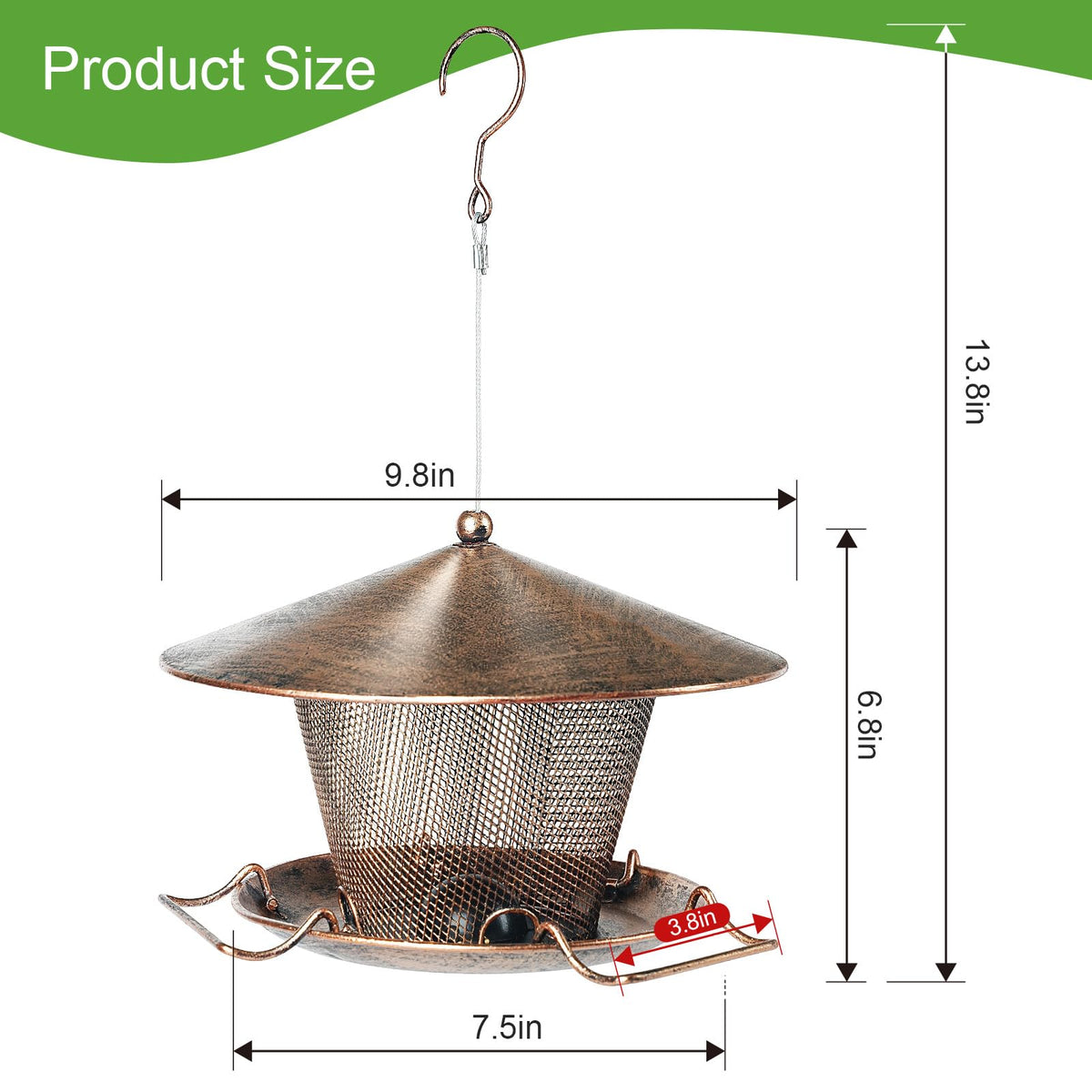 Samhe Bird Feeder with 9.8-inch roof protecting seeds and birds from rain.