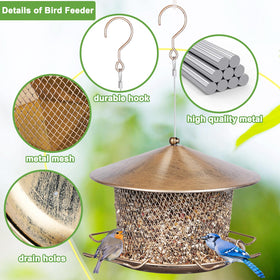 Samhe bird feeder features a 9.8-inch roof shielding birds and seed.