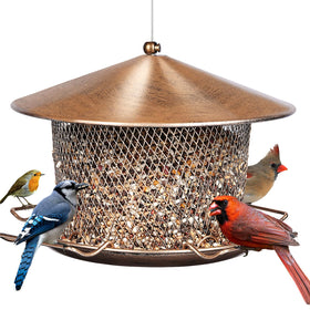 Samhe outdoor bird feeder with weatherproof metal roof protecting seeds.