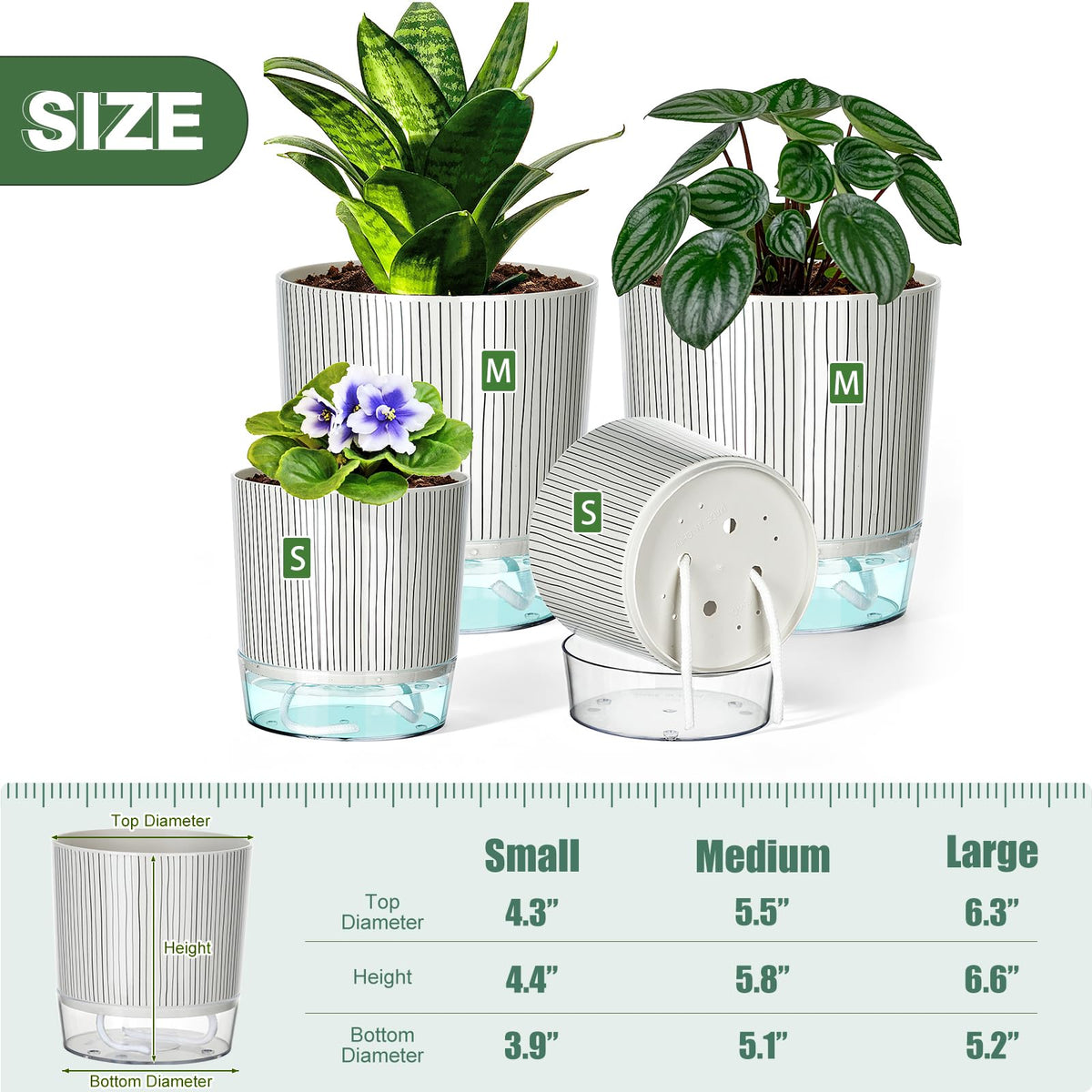 Samhe self-watering pot 4-inch side view showing vented base and drainage