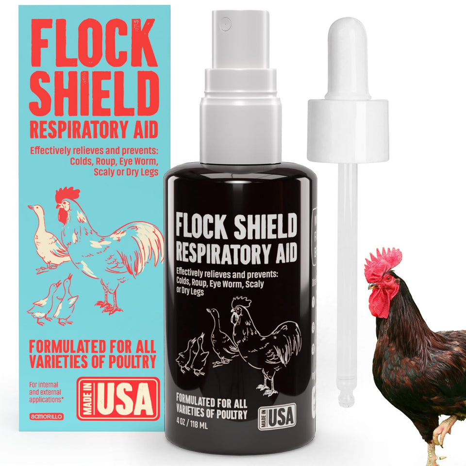 Samorillo Flock Shield dropper bottle for precise dosing in poultry.