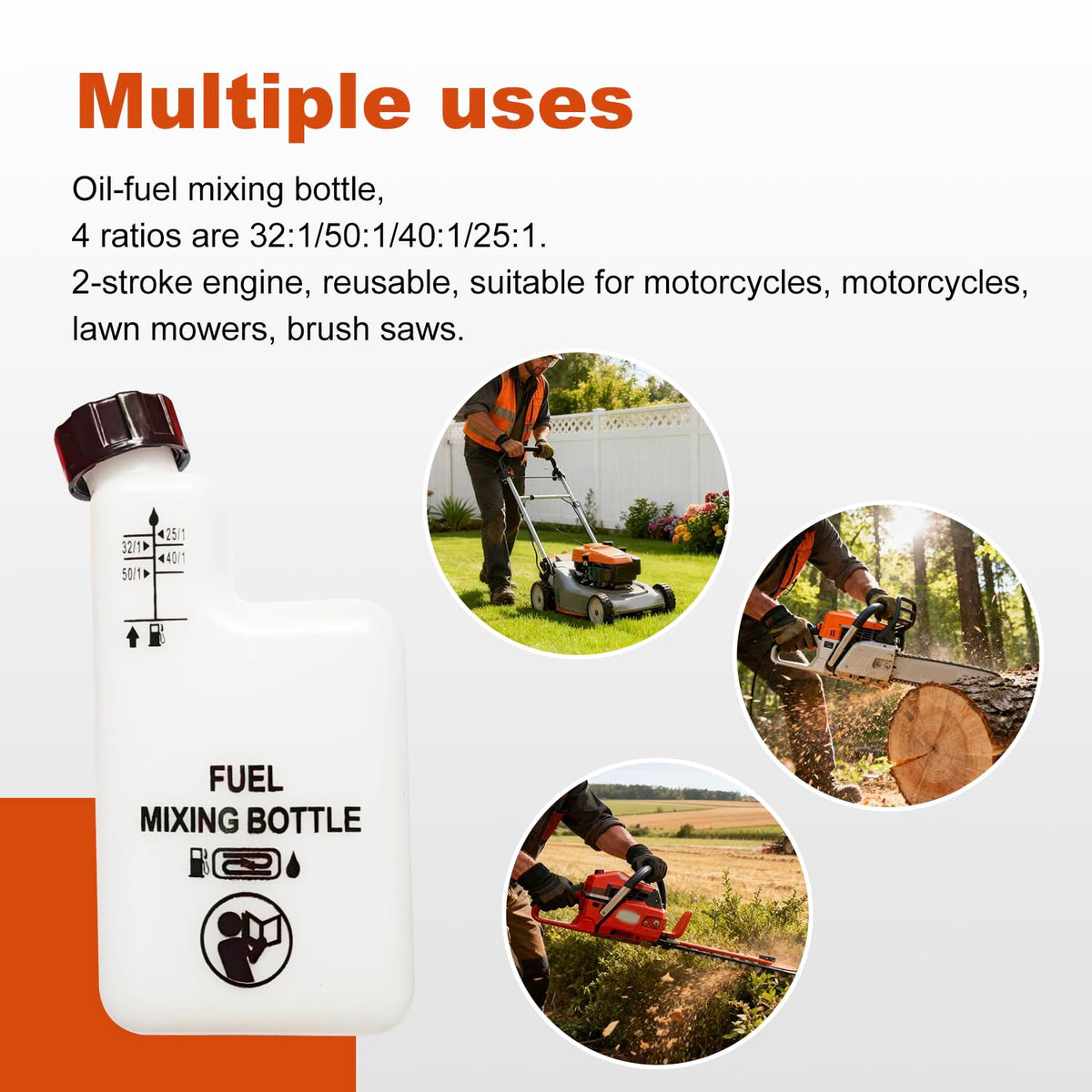 Sanbaiyi 2-stroke mixing bottle in use with chainsaw for ready-to-pour mixtures.