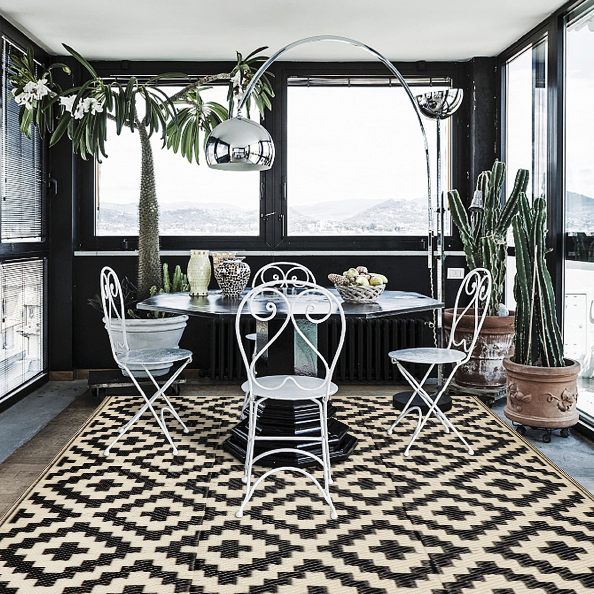 SAND MINE lattice rug provides versatile decor with practical stain resistant comfort.