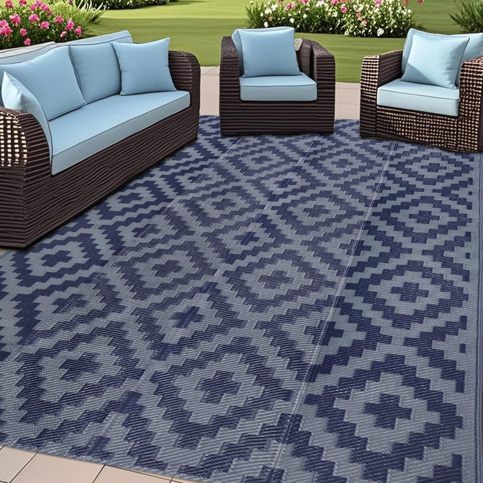 SAND MINE reversible mats on blue-grey lattice for versatile outdoor use
