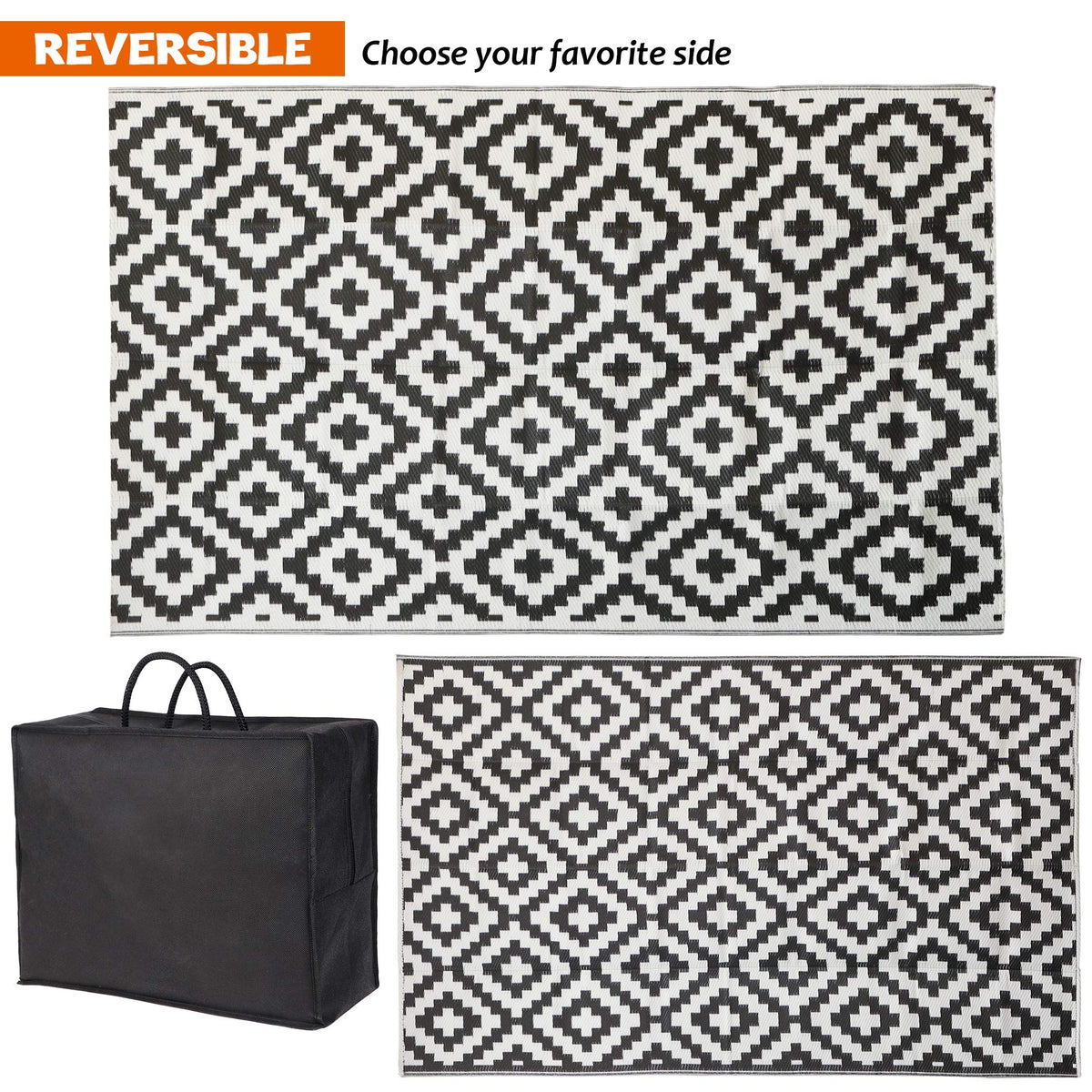 SAND MINE reversible outdoor rug on a deck with seating, adding versatility.