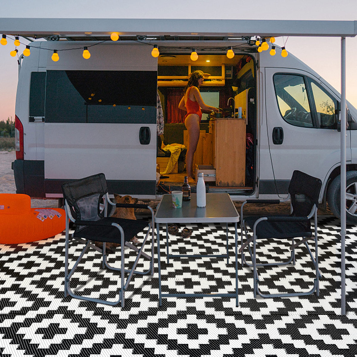 SAND MINE outdoor rug ideal for RV camping and beach trips.