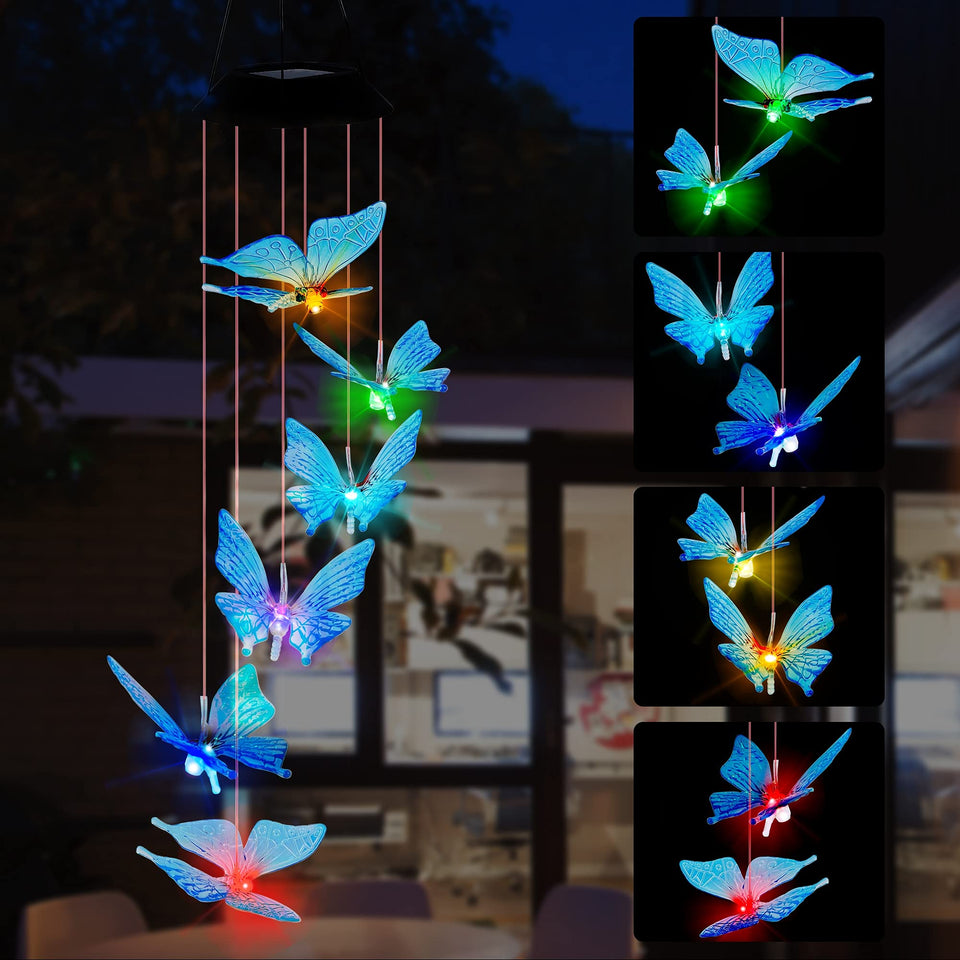 SAND MINE solar wind chime with butterfly design adds magical blue color to outdoor spaces.