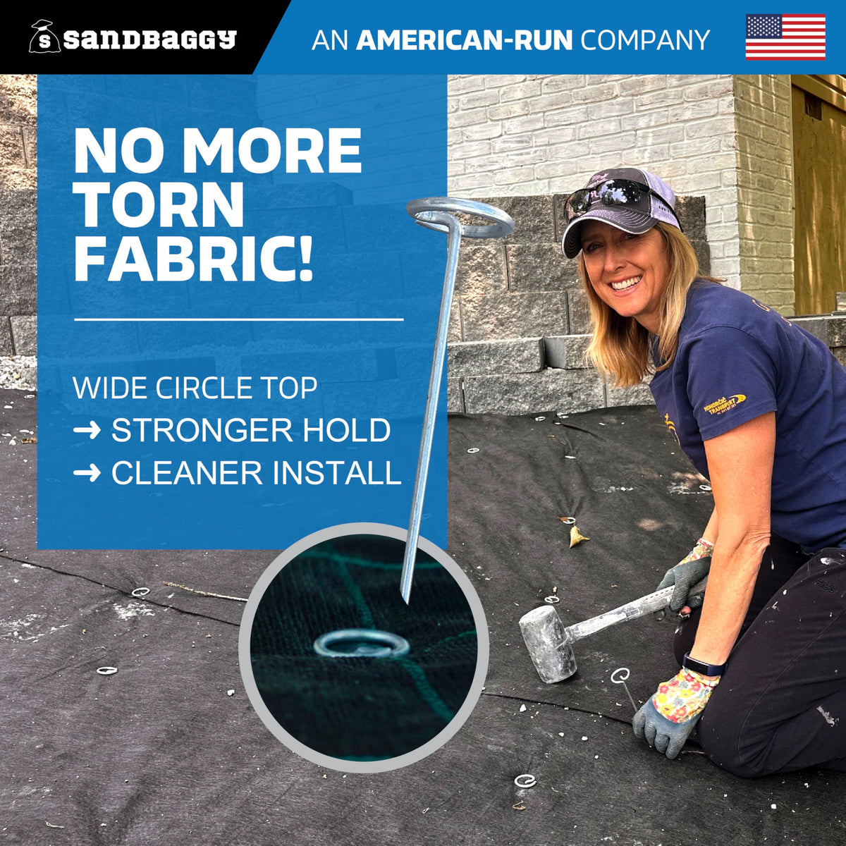 Sandbaggy 6-inch circle-top pins driven into ground on a rocky soil area.
