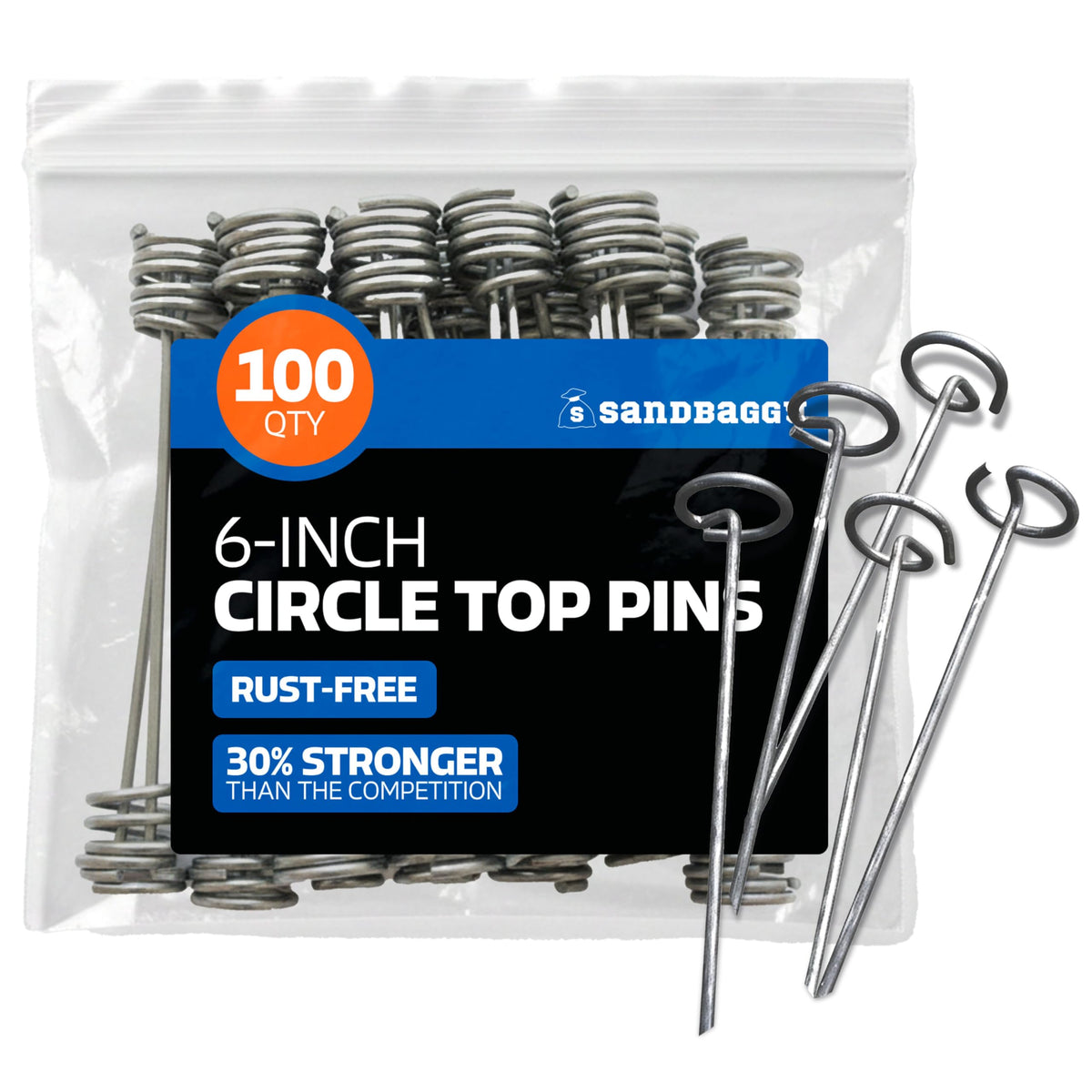 Sandbaggy 6-inch circle-top pins securing landscape fabric with wind resistance.