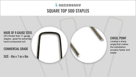 Sandbaggy 9-gauge landscape staples penetrate hard soil for faster installs.