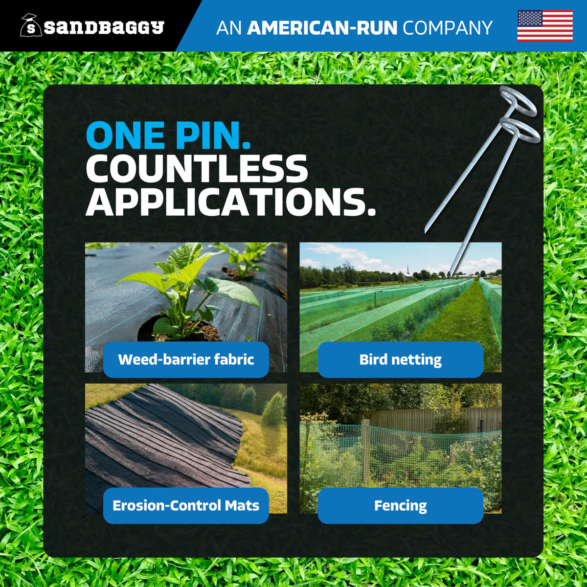 Sandbaggy galvanized finish on outdoor stakes for long-term rust resistance.