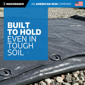 Sandbaggy landscape fabric stake with circle-top design for secure anchoring.