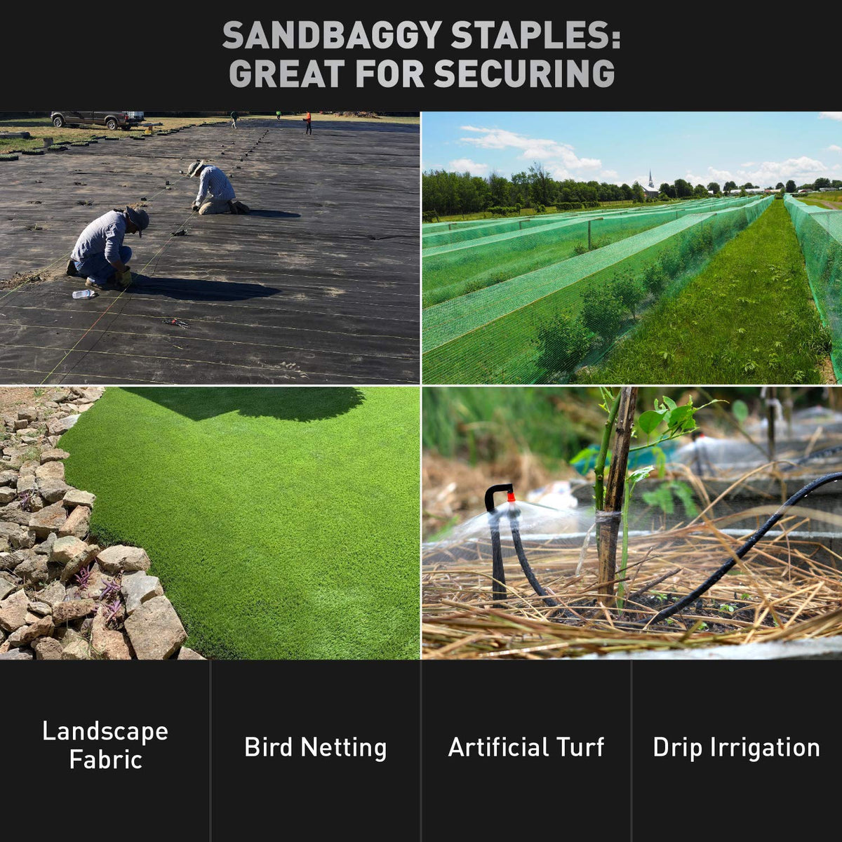 Secure irrigation piping and weed mats with Sandbaggy staples on uneven terrain.
