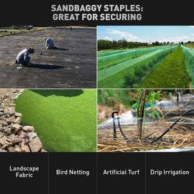 Secure irrigation piping and weed mats with Sandbaggy staples on uneven terrain.