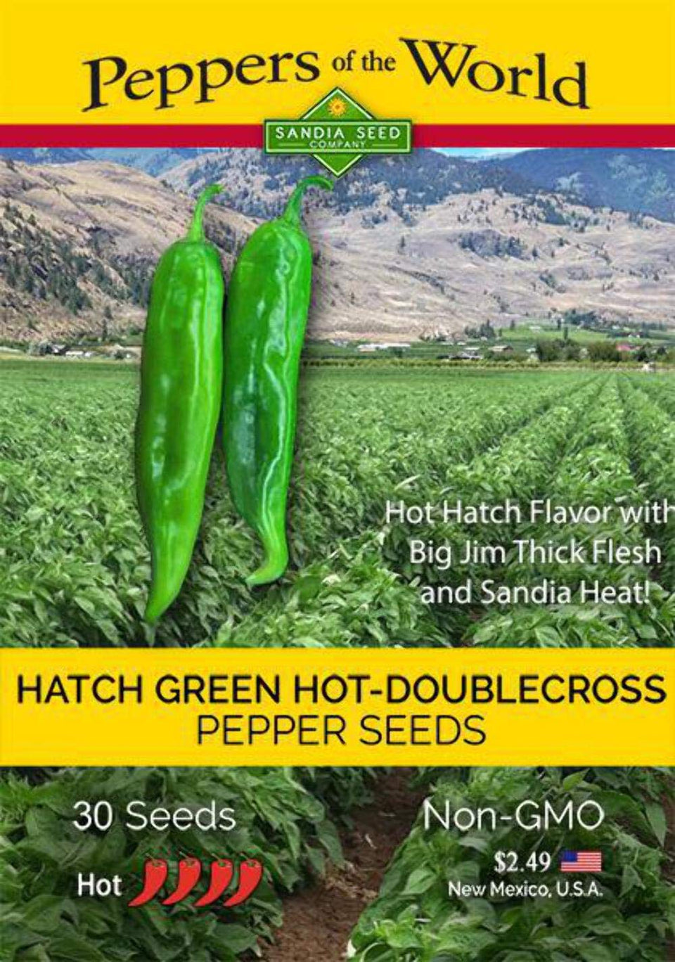 Sandia Seed Hatch Green Hot Chile seeds seed-pack view, showcasing bold NM flavor and thick flesh.