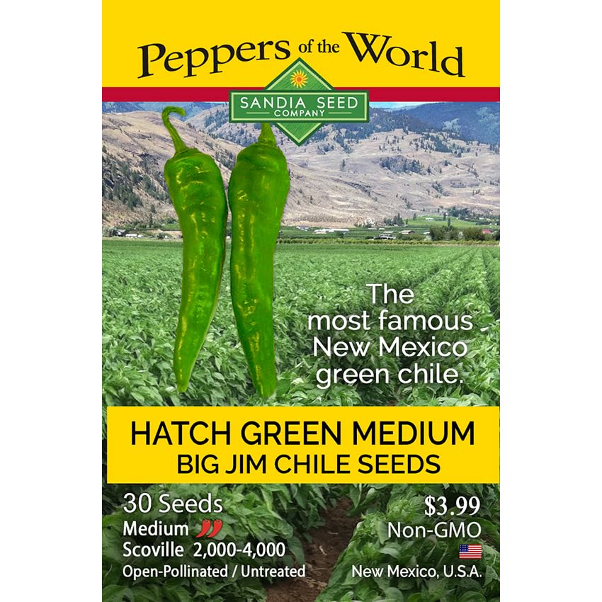 Sandia Seed Hatch Green Medium Big Jim chile seeds in a packet for easy home gardening.