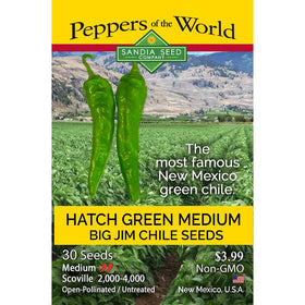 Sandia Seed Hatch Green Medium Big Jim chile seeds in a packet for easy home gardening.