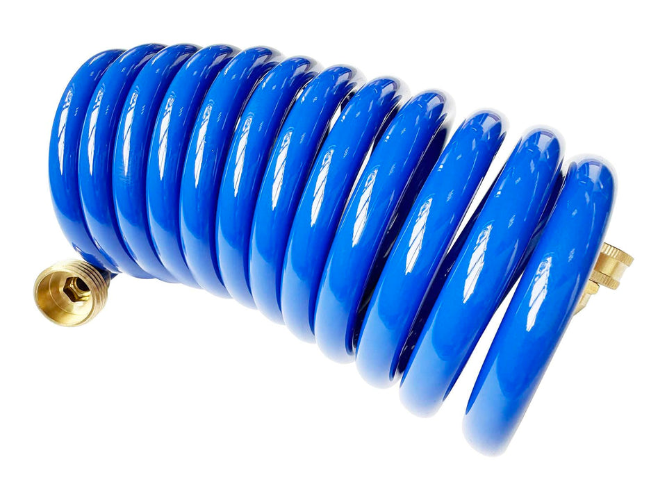 SANFU PU Recoil Hose in a compact coil for easy storage on boats and RVs.