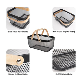 SANHSEHOME rectangle wire basket with wooden handles for easy transport during picnics