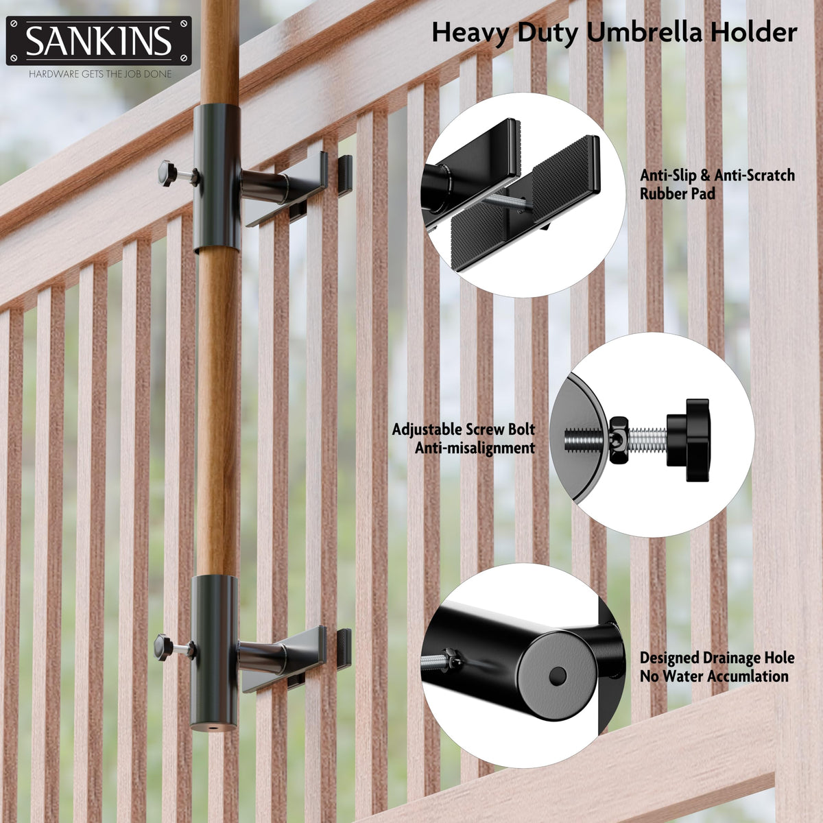SANKINS easy-install umbrella base without drilling for deck, fence, or balcony.