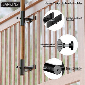 SANKINS easy-install umbrella base without drilling for deck, fence, or balcony.