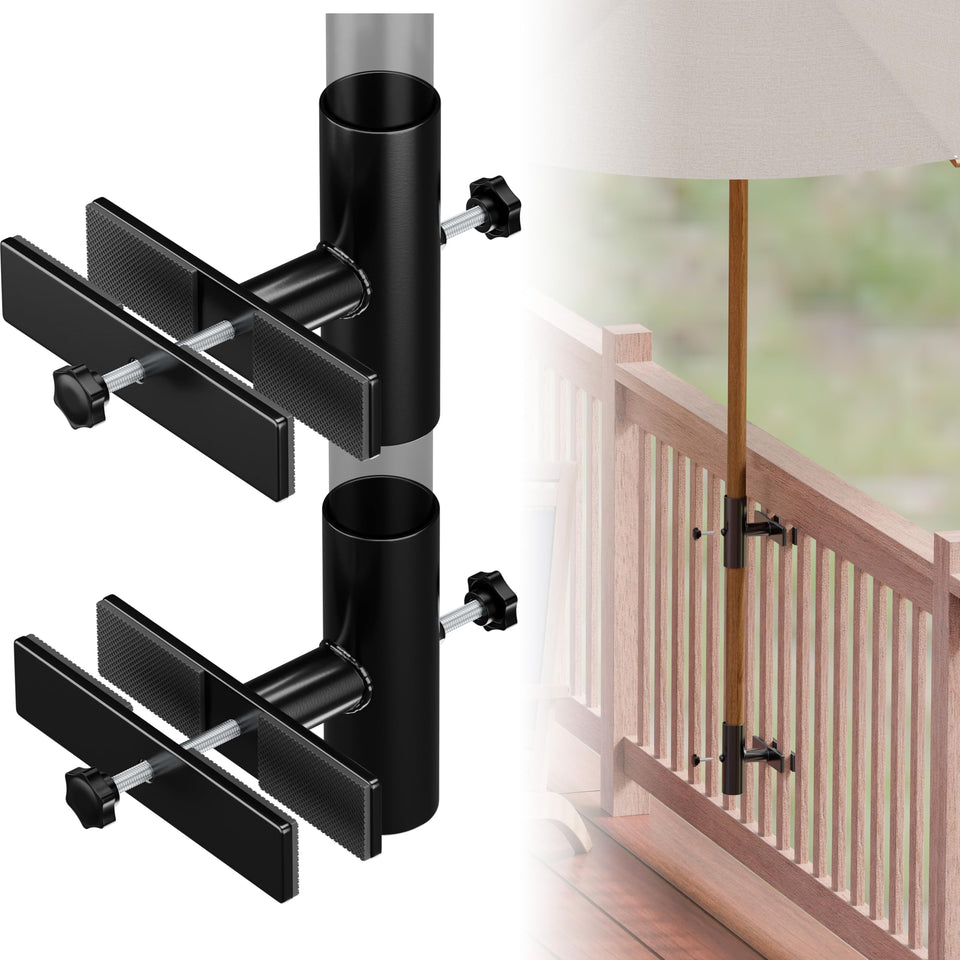 SANKINS patio umbrella holder clips to deck railing for space-saving shade.