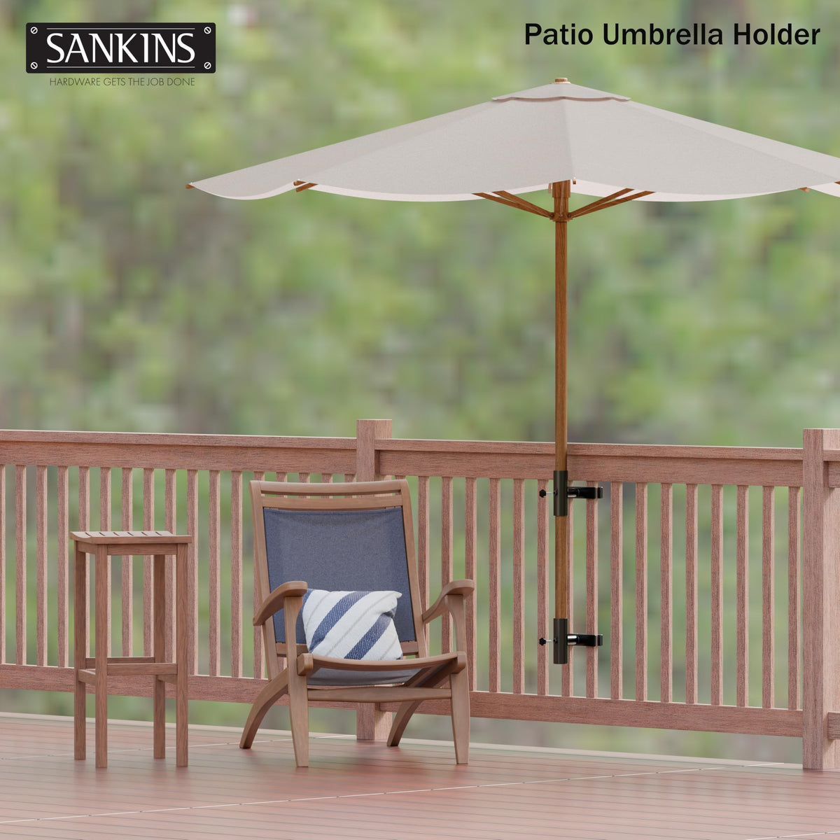 SANKINS space-saving rail clamp umbrella holder fits compact patios.