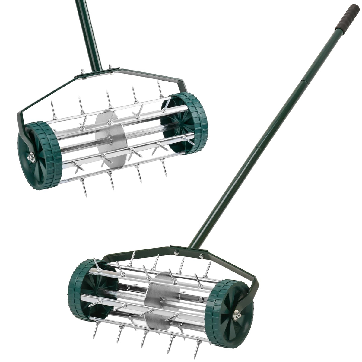 SANMEO 18-inch spike roller aerator, front view, promotes deeper soil aeration for lush lawns.