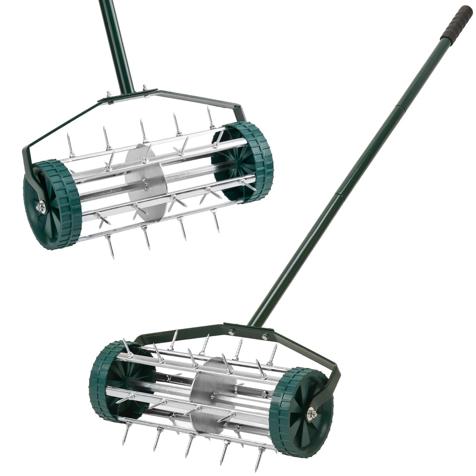 SANMEO 18-inch spike roller aerator, front view, promotes deeper soil aeration for lush lawns.
