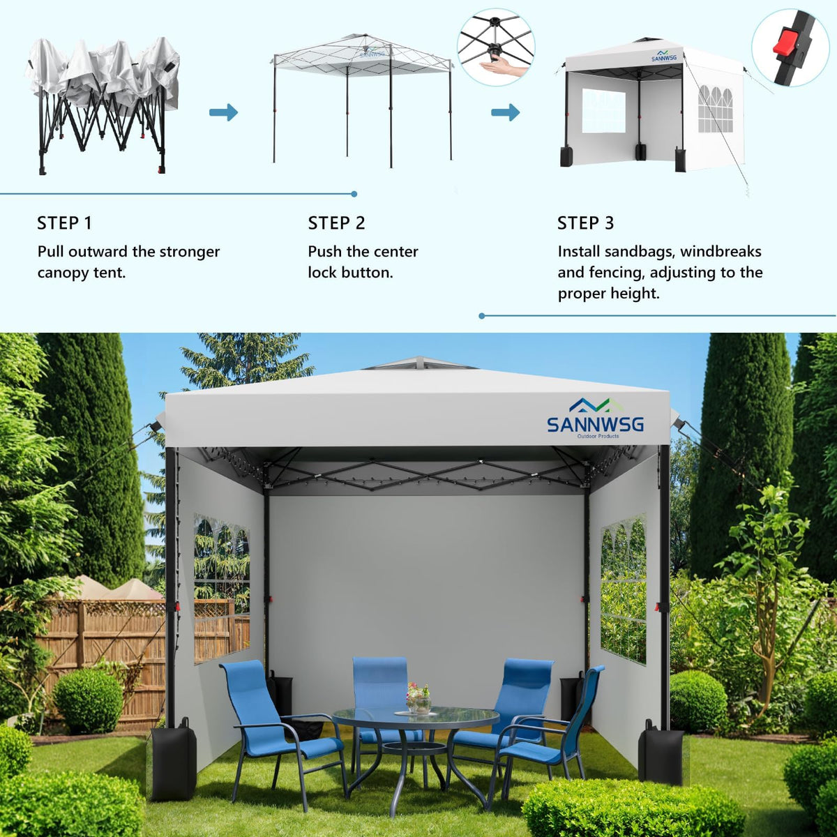 Sannwsg canopy with three height settings for versatility