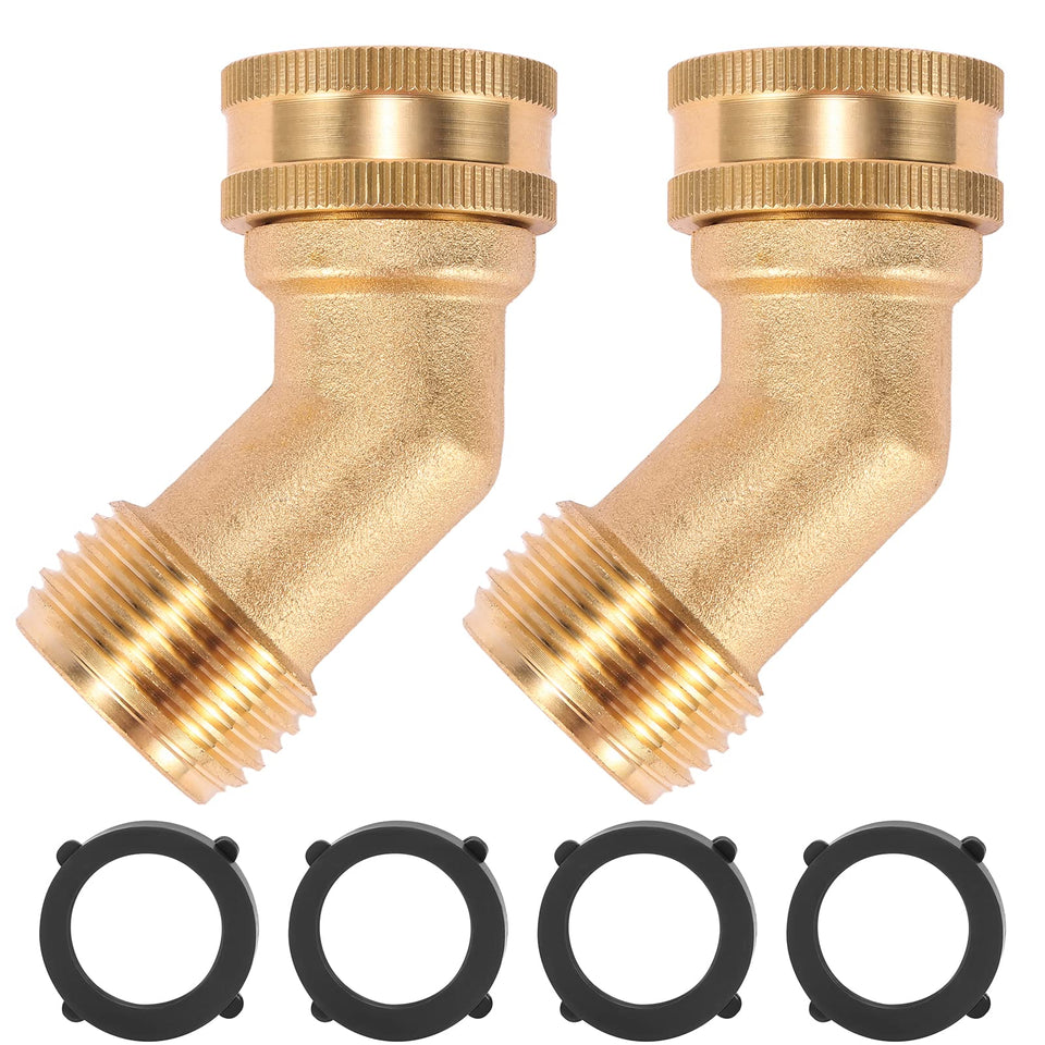 Sanpaint 45-degree garden hose elbow close-up with brass build for lasting outdoor connections.
