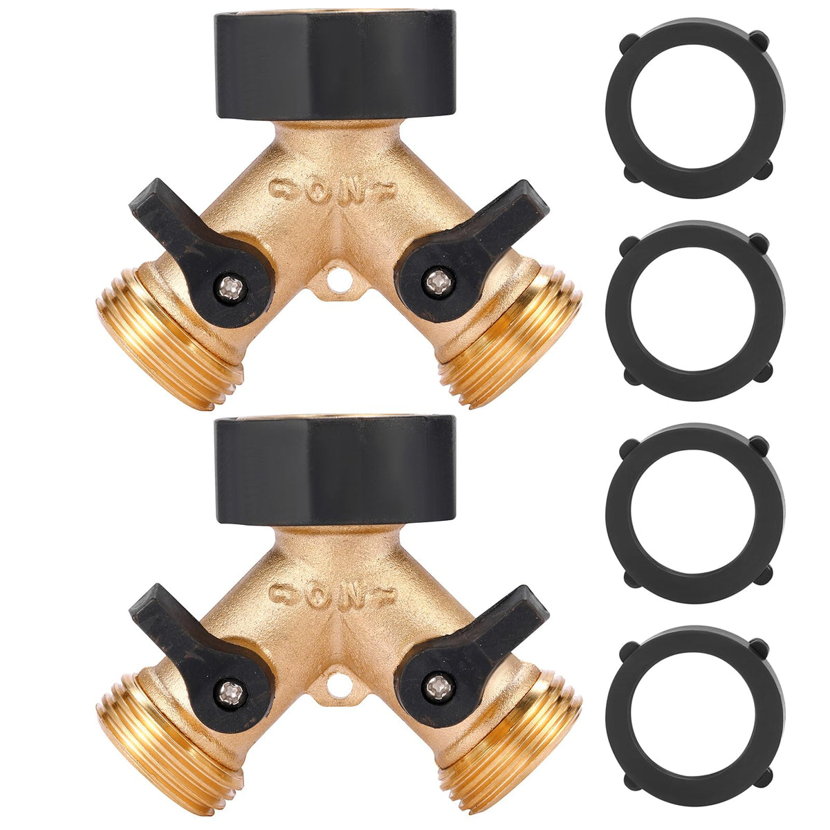 Sanpaint two-way brass garden hose splitter close-up showing durable construction for outdoor watering.