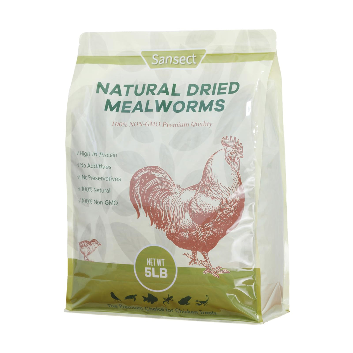 SANSECT dried mealworms 5lb bag for convenient poultry feeding and storage