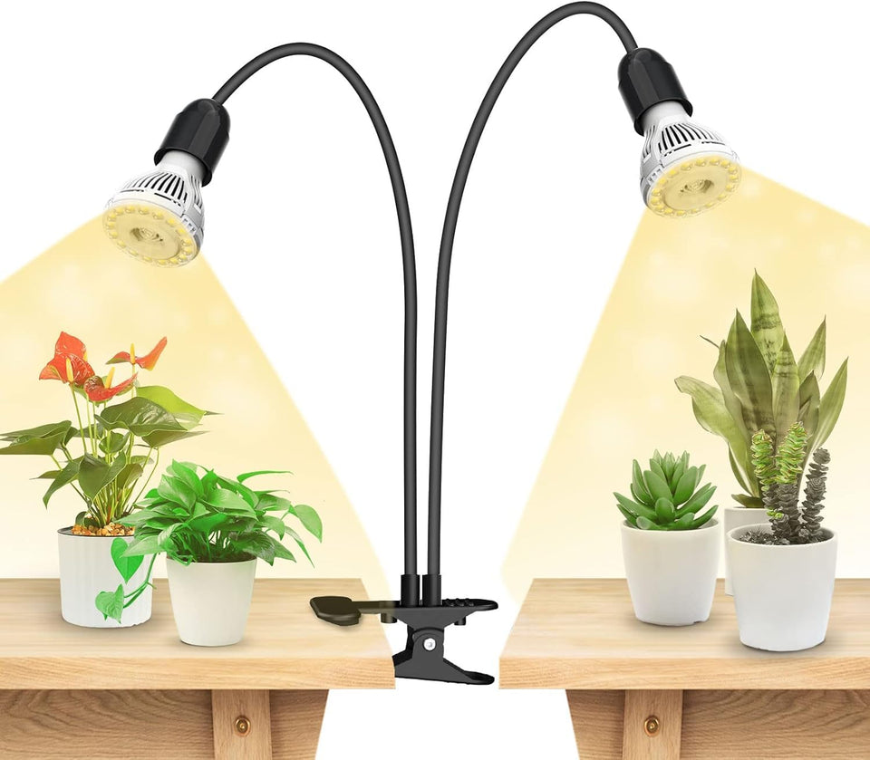 SANSI 2-head full-spectrum grow light with gooseneck for indoor plant growth.