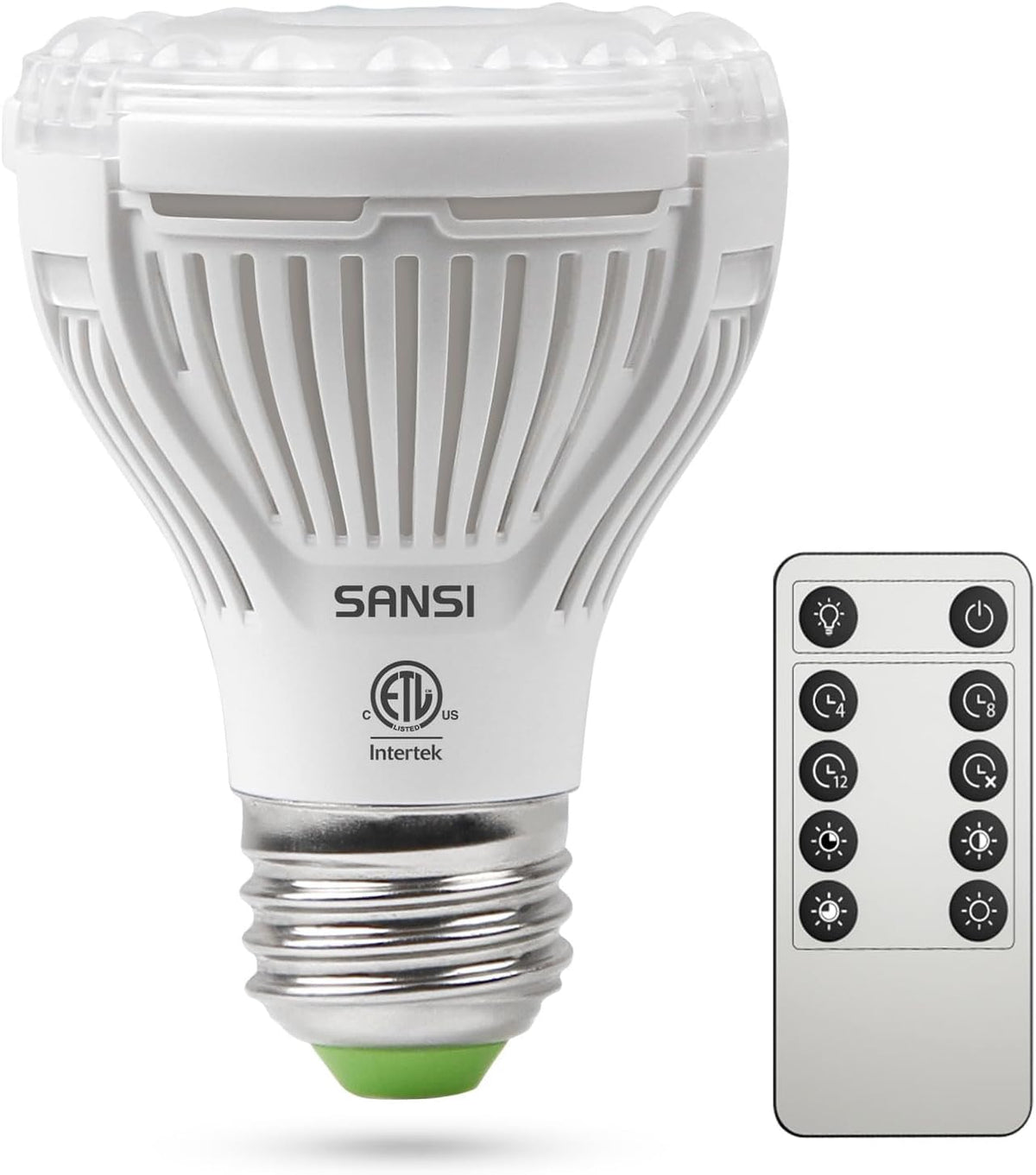 SANSI dimmable grow light bulb with remote for easy plant lighting adjustments.