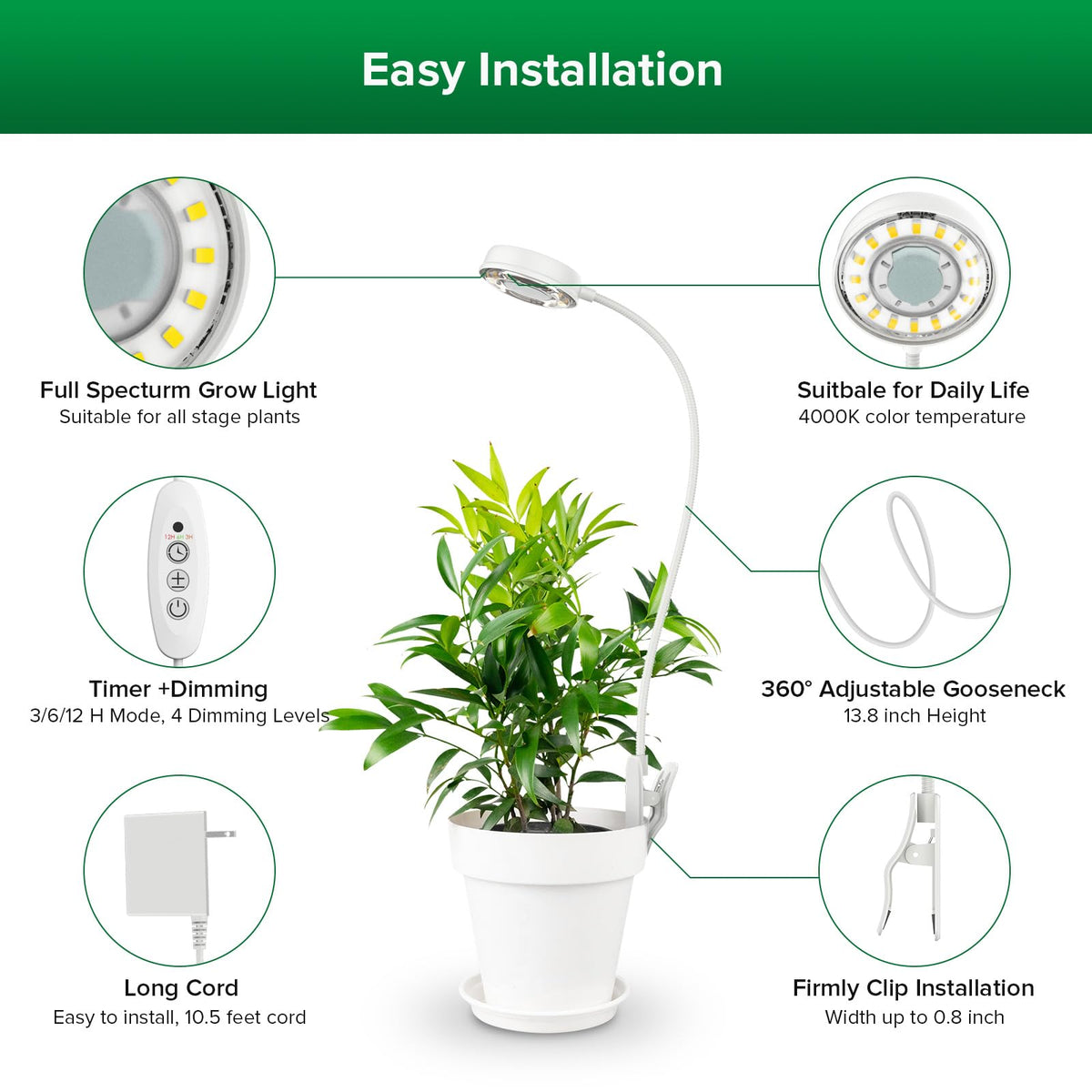 SANSI full-spectrum plant light mounted on a gooseneck over foliage