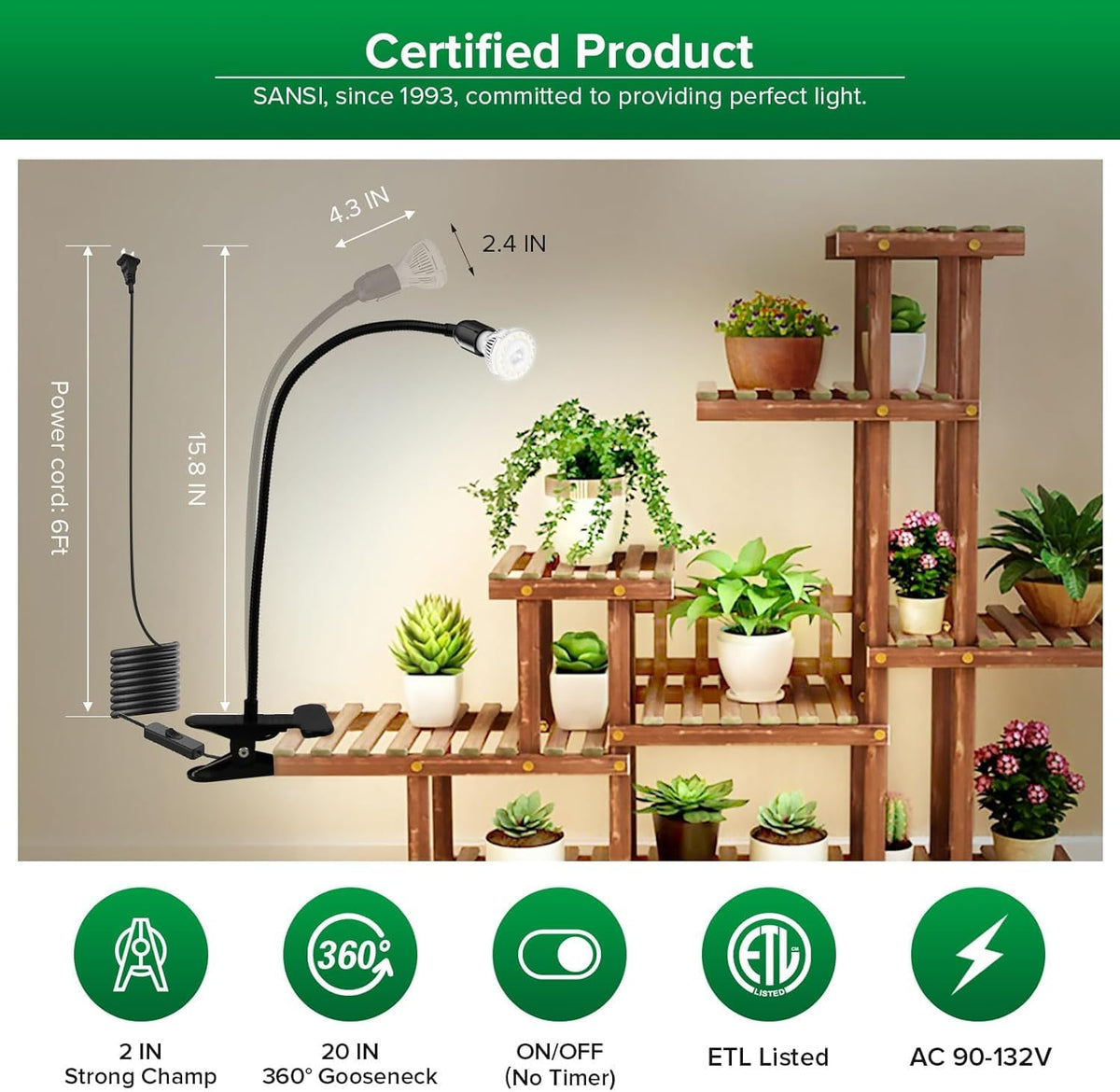 SANSI clamp lamp with 360° reach enables precise light for every plant.