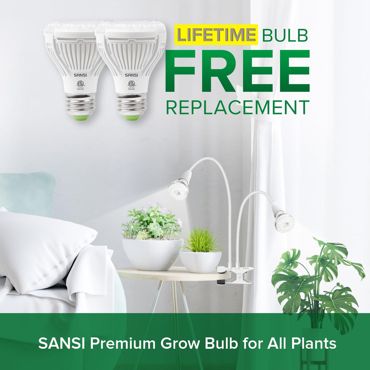 SANSI grow light with 360-degree coverage for uniform light distribution on multiple plants.