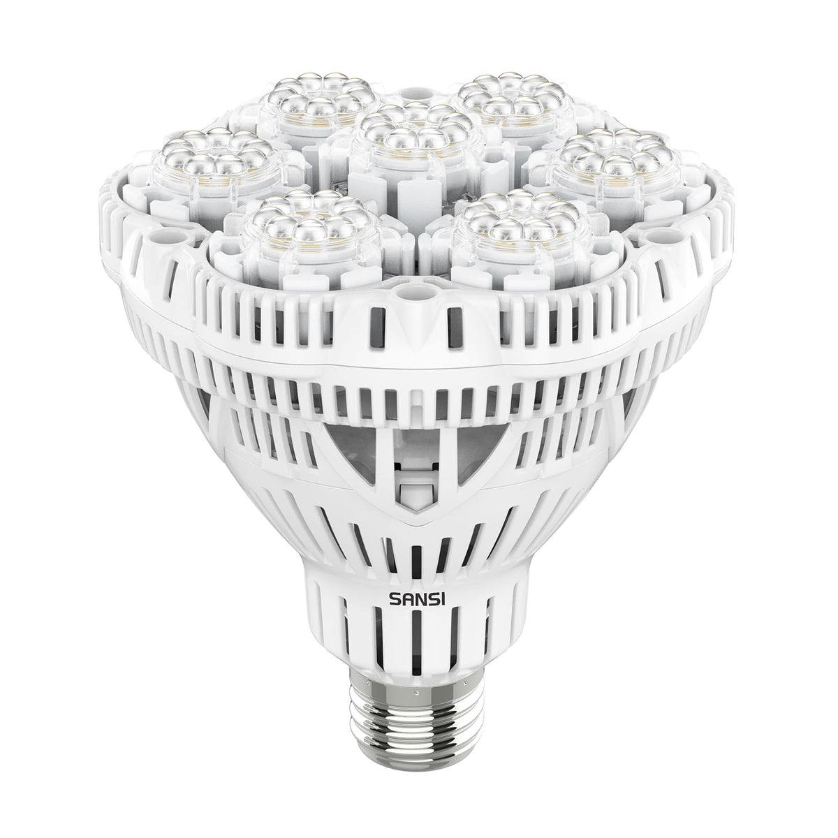 SANSI full-spectrum grow light shining on indoor plants for robust growth.