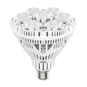 SANSI full-spectrum grow light shining on indoor plants for robust growth.