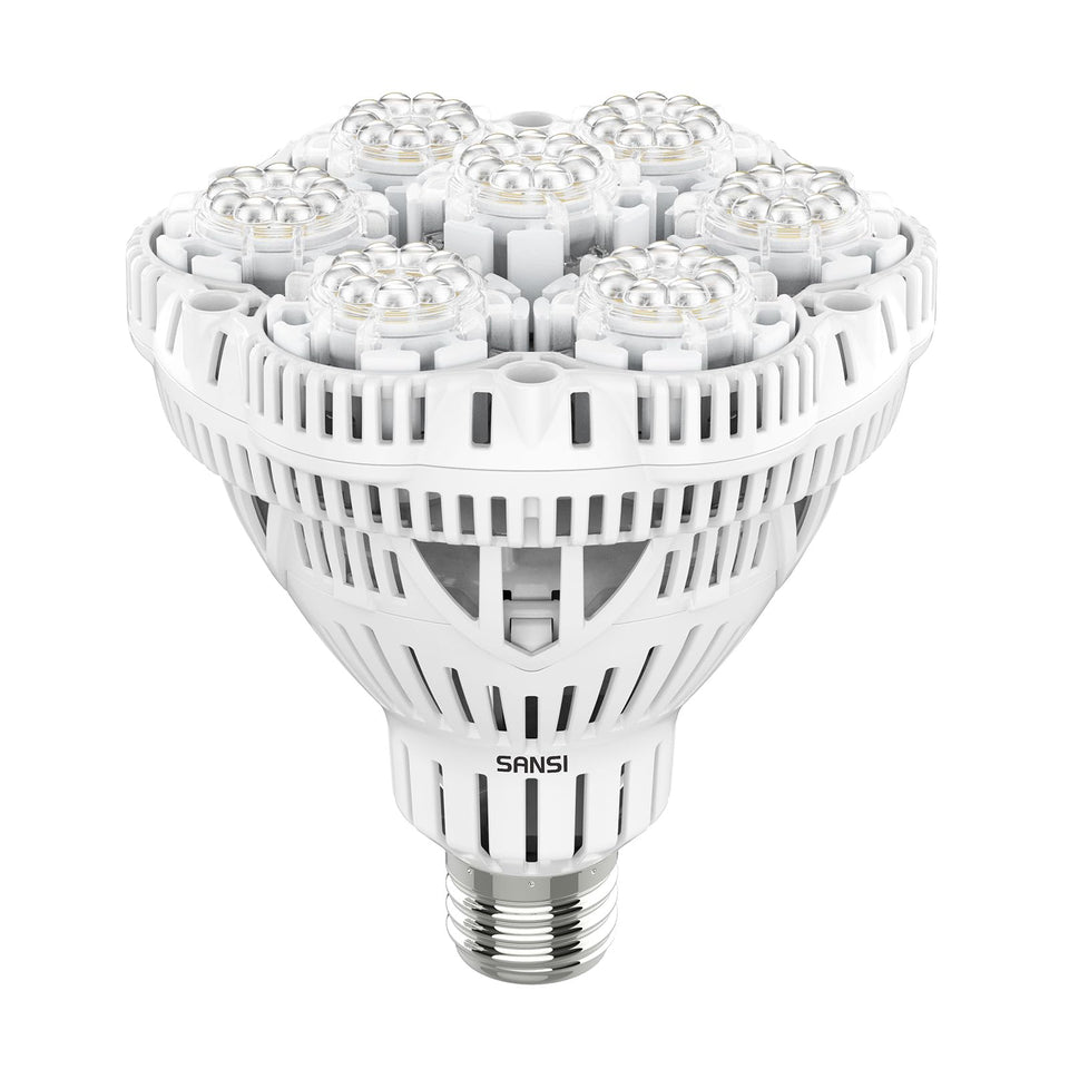 SANSI full-spectrum grow light shining on indoor plants for robust growth.