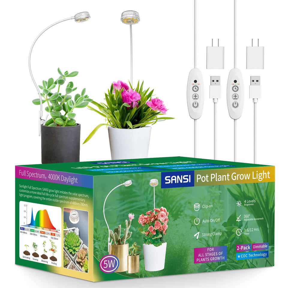 SANSI pot-clip grow light attached to a plant pot for targeted indoor growth.